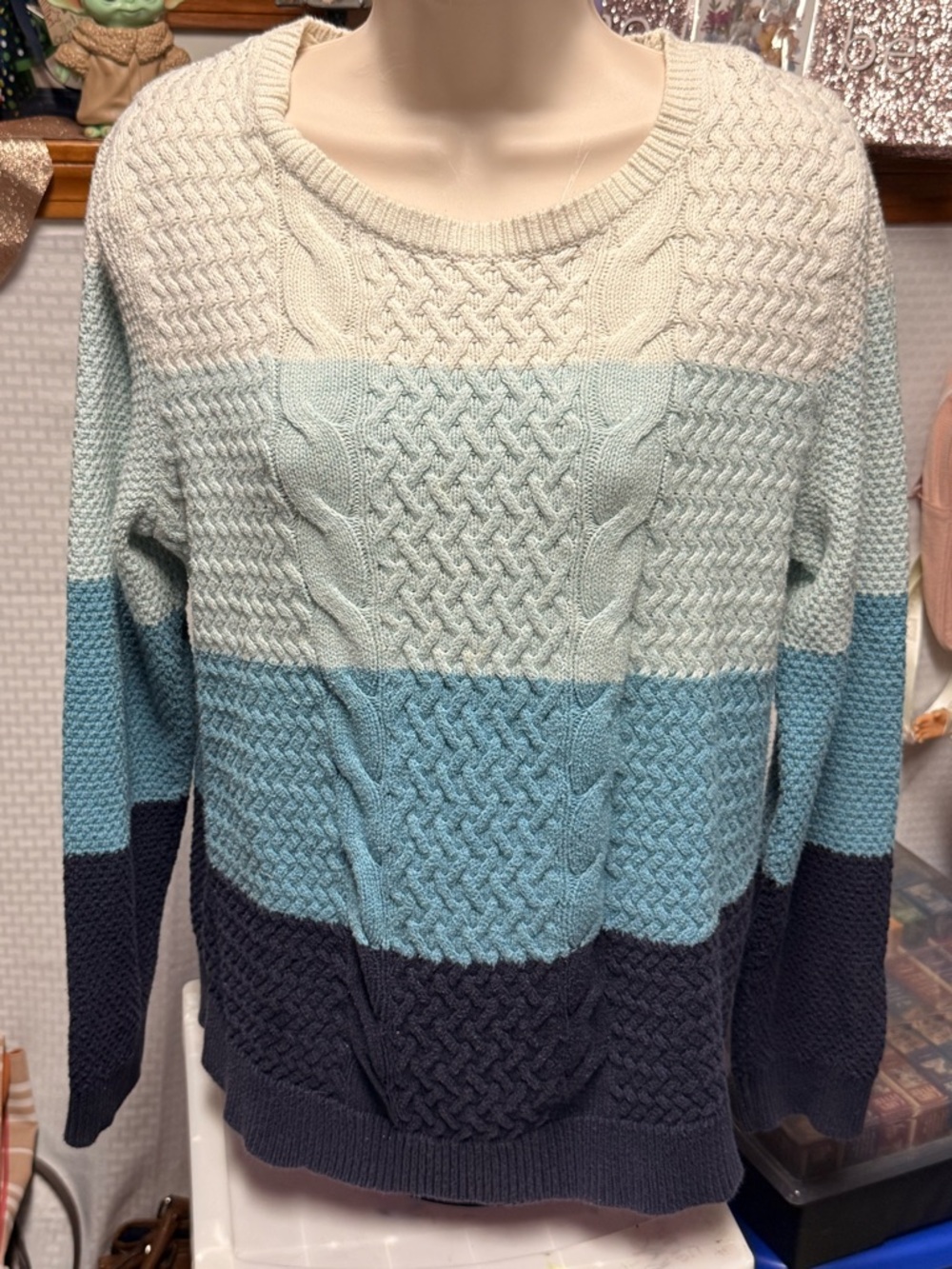 croft & barrow Striped Cable Knit Crewneck Sweater in Cream, Light Blue and Navy